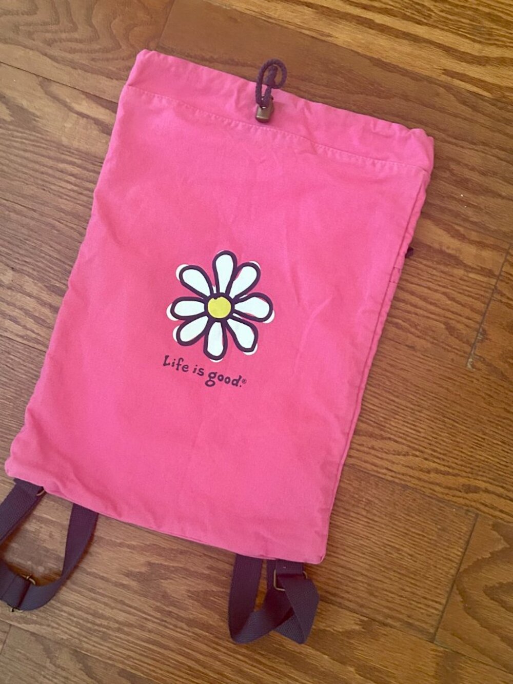 NWOT Life is Good Canvas Drawstring Backpack Daisy Logo Camp Overnight School Ne - Picture 4 of 11